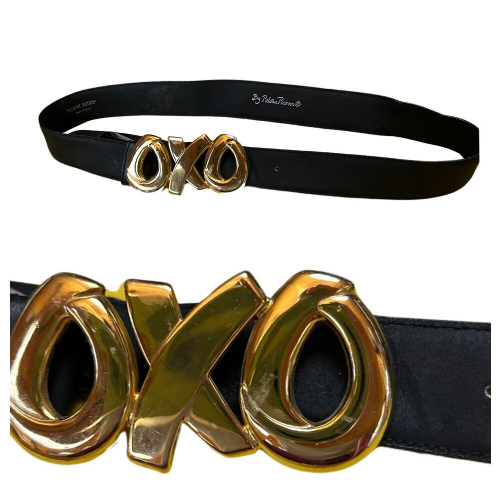 Vintage Paloma Picasso OXO Gold Tone Buckle Black Leather Belt -